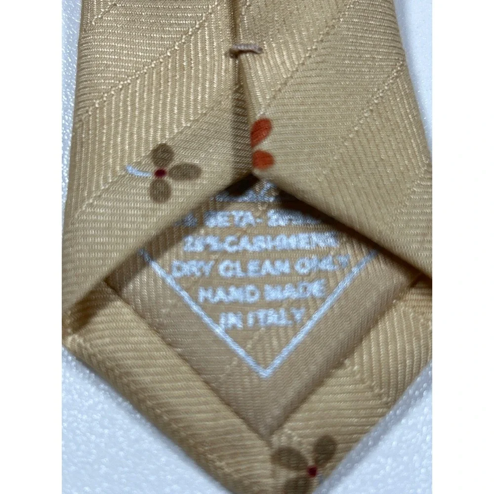 Brioni Silk Cashmere Tie Gold Yellow Floral Foulard Herringbone Handmade Italy